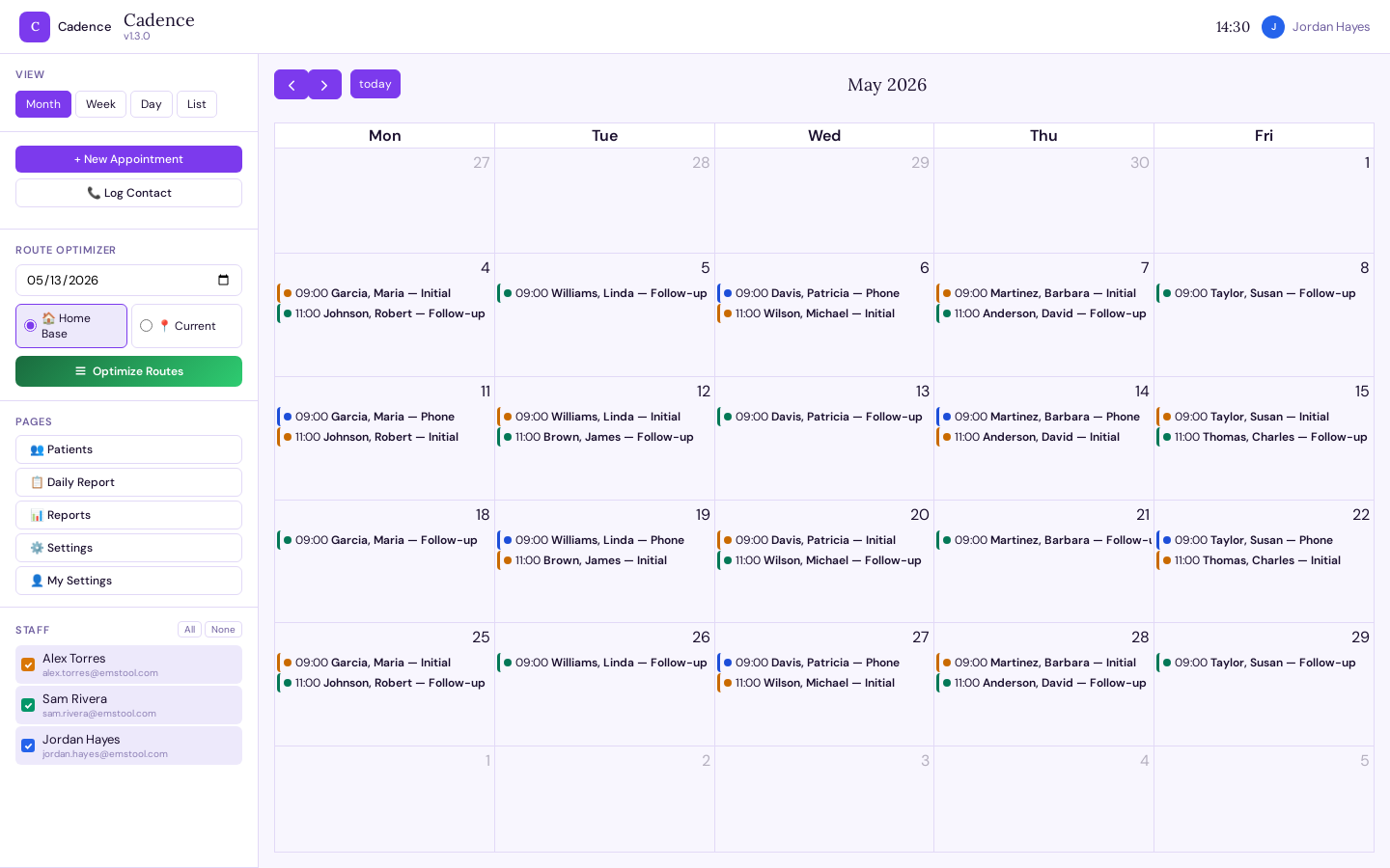 Cadence month view calendar showing a full month of scheduled visits across the team, color-coded by staff