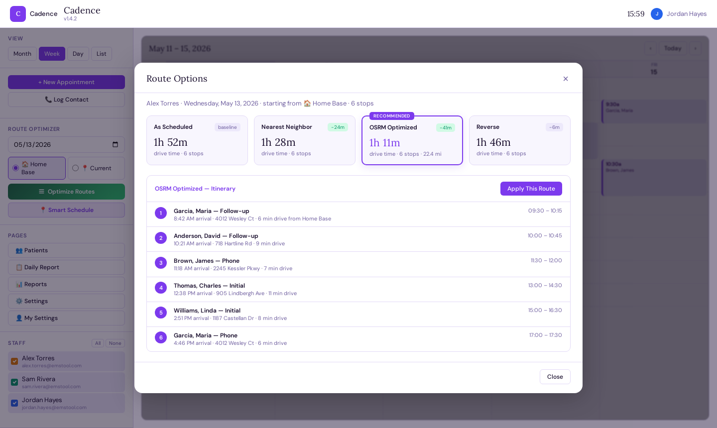 Route optimizer results panel comparing four routing strategies with drive time and stop order