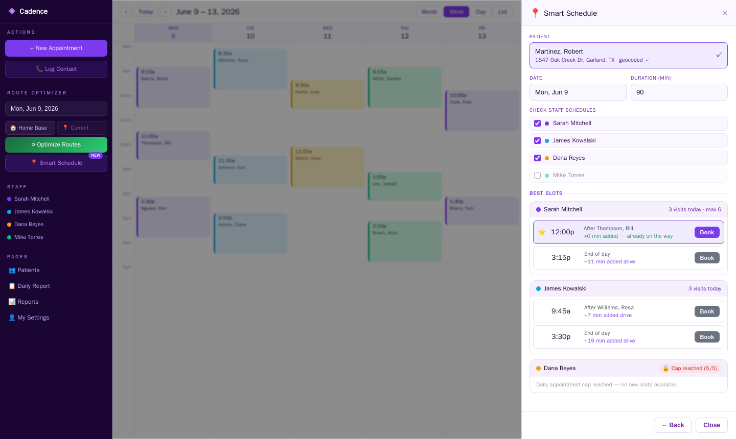 Smart Schedule modal showing ranked time slots for Robert Martinez across three staff members, with Sarah Mitchell's 12:00pm slot highlighted as best with zero added drive time