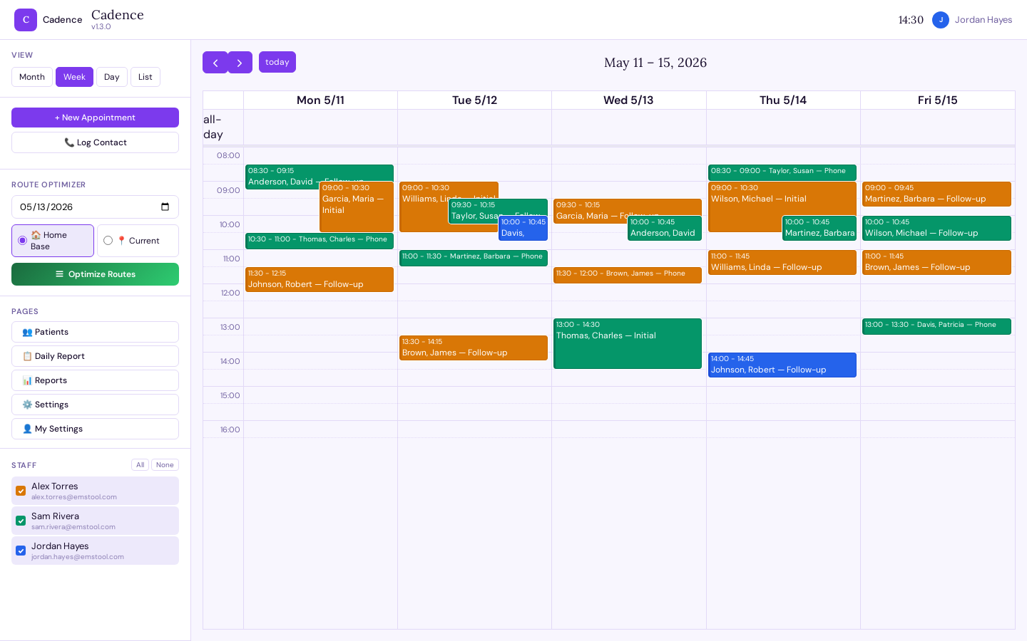 Cadence weekly calendar view showing color-coded appointments for three field staff members across a work week